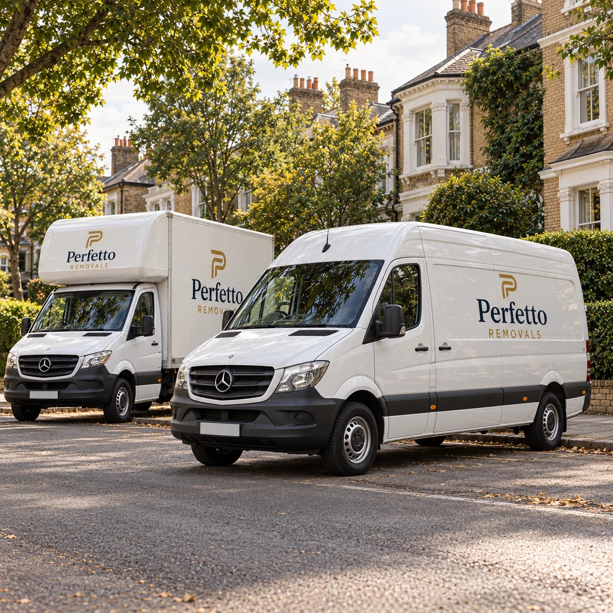 Illustrative scene of Perfetto removal vans outside a leafy residential home